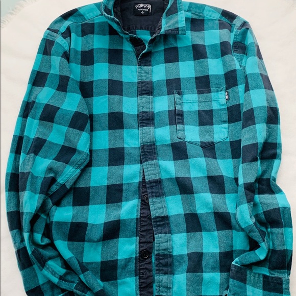Stussy Green Plaid Flannel button down Large - Picture 2 of 7